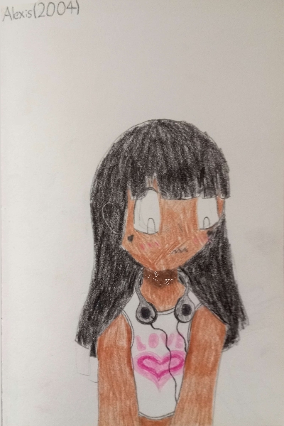 drawing of a brown girl with long black hair and a sleveless crop top with a heart on it