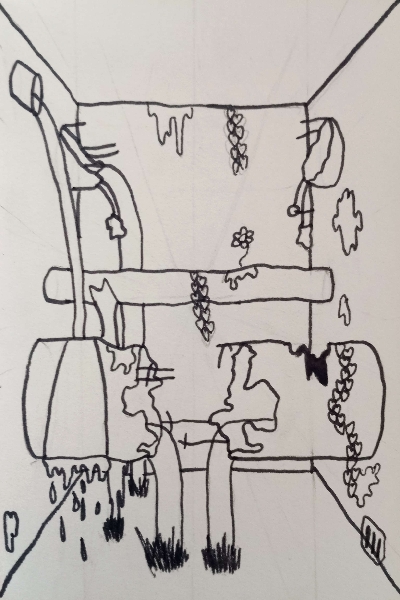 a series of broken pipes inbetween a set of walls leaking water on a bed of water with foliage spread around the area