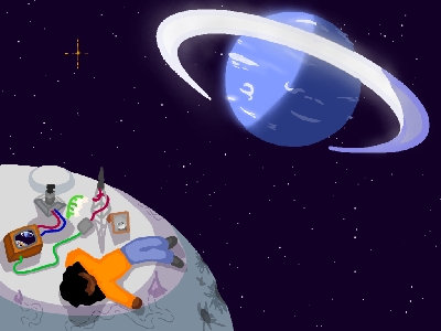 an image of a child on a moon orbiting a planet far away from its star