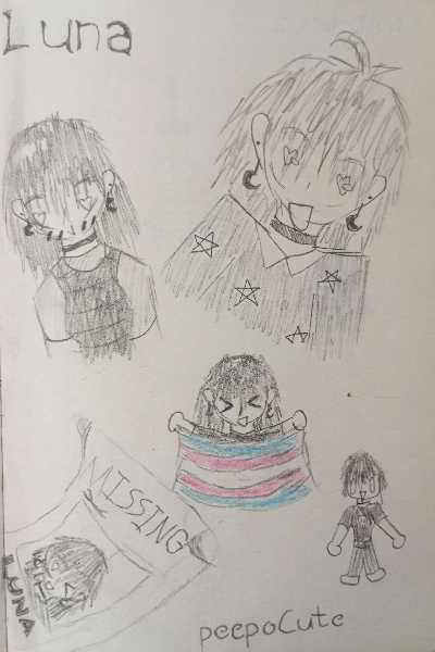 series of doodles of a white girl with short black hair in a series of outfits