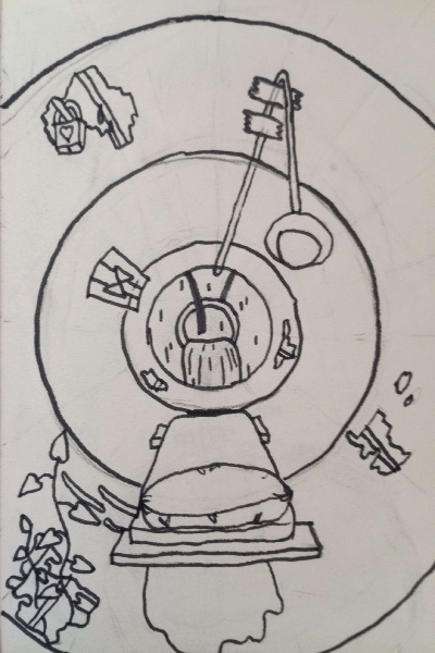 drawing of the inside of a sewage pipe leading to a wall with other water spewing sewage pipes, it a bed and light with other assortments around